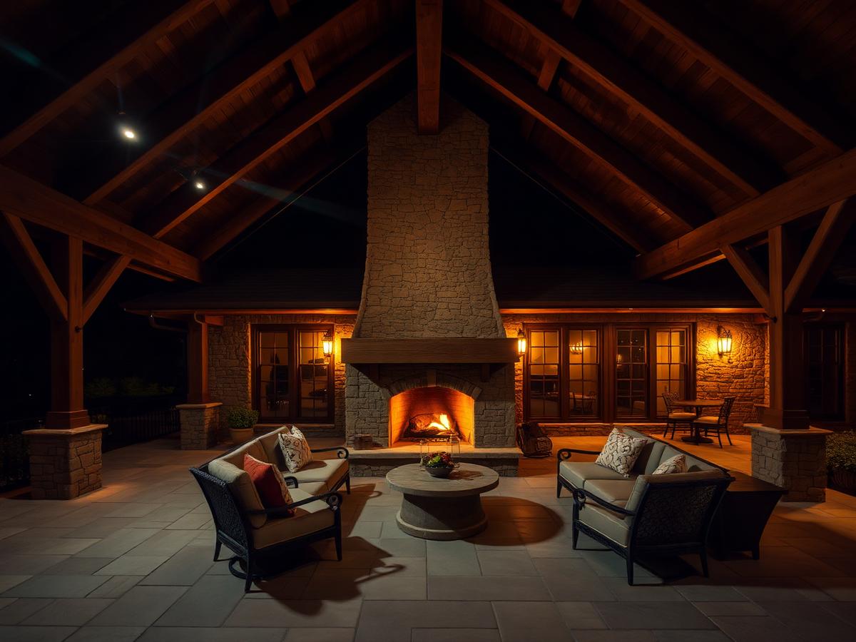 Timber frame patio at night